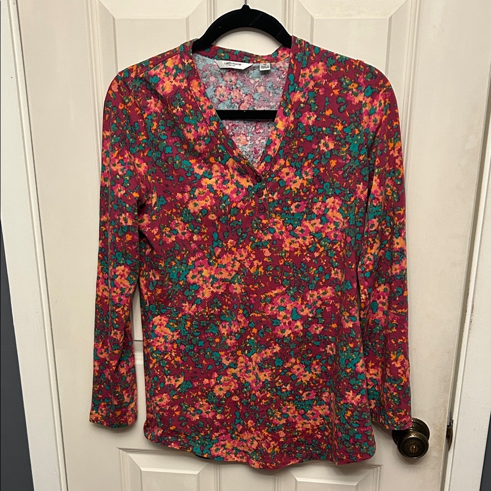 Liz Claiborne Floral Long Sleeve Top - Red and Green